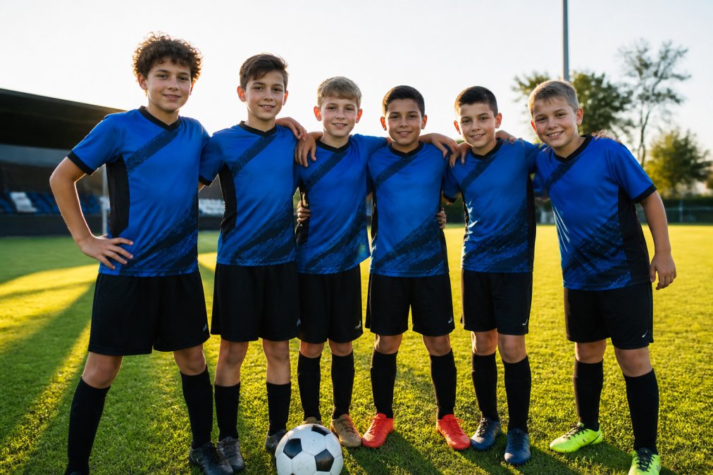 A youth sports club team wearing matching custom athletic shirts with team logos and player numbers, standing together on a grass field before a game, warm afternoon sunlight casting long shadows across the pitch