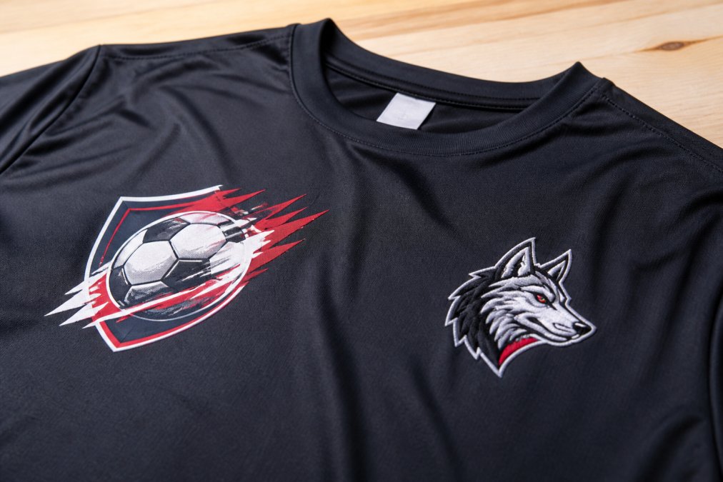 Close-up of a custom sports shirt laid flat on a light wooden table showing a vibrant screen-printed team logo next to an embroidered club name, studio lighting highlighting the texture contrast between the two application methods