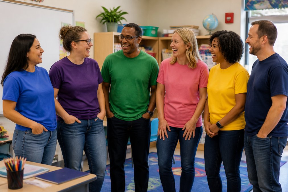 A diverse group of elementary and middle school teachers wearing colorful custom-designed apparel in a bright, welcoming classroom setting, smiling and interacting with each other