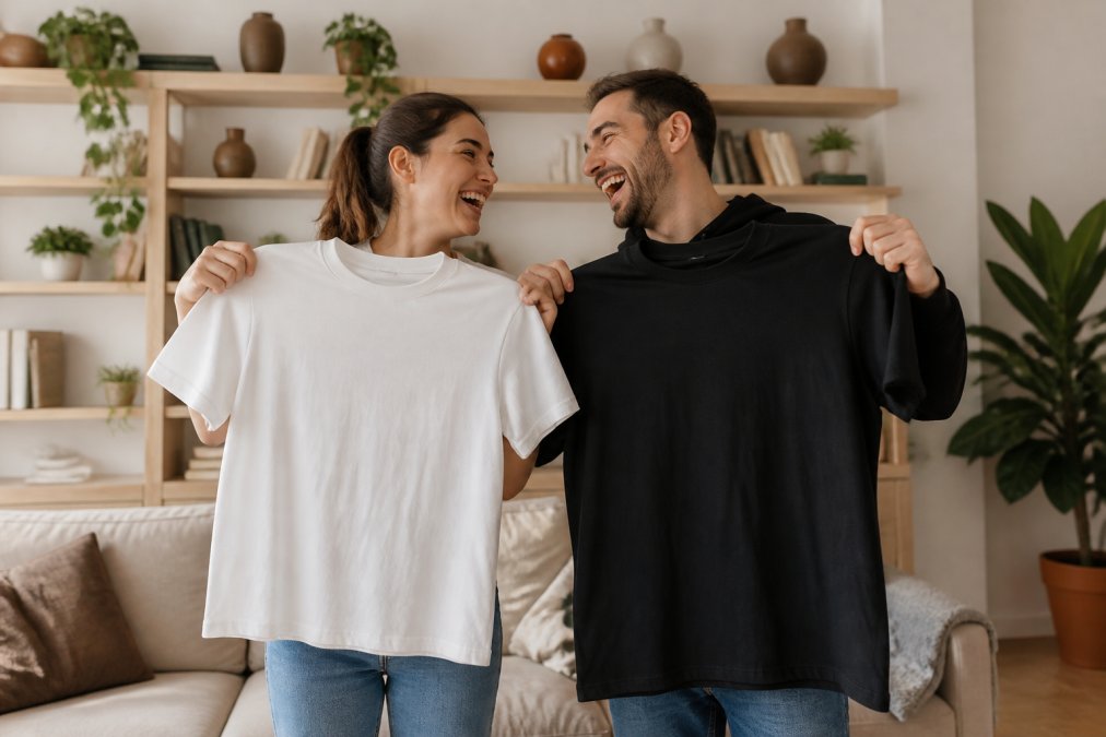 A couple laughing while holding up custom t-shirts with funny text in a bright living room