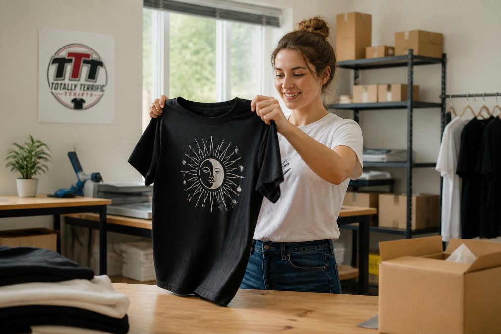 Young woman smiling while inspecting the quality of a freshly printed custom shirt in a bright home studio