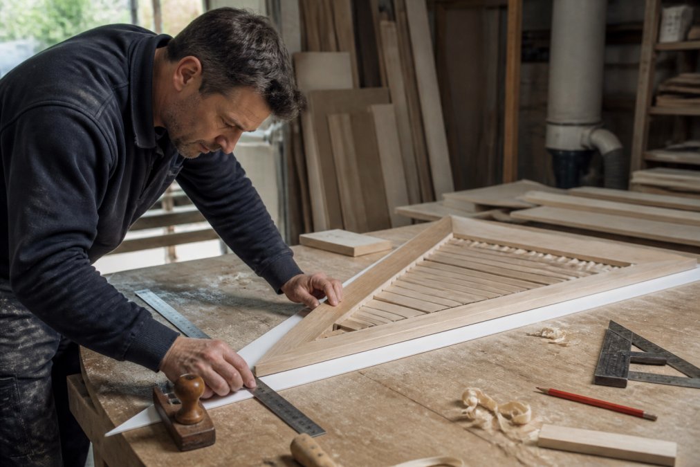 A craftsman in a workshop measuring a triangular wooden shutter frame against a template on a workbench, with hand tools and wood shavings visible