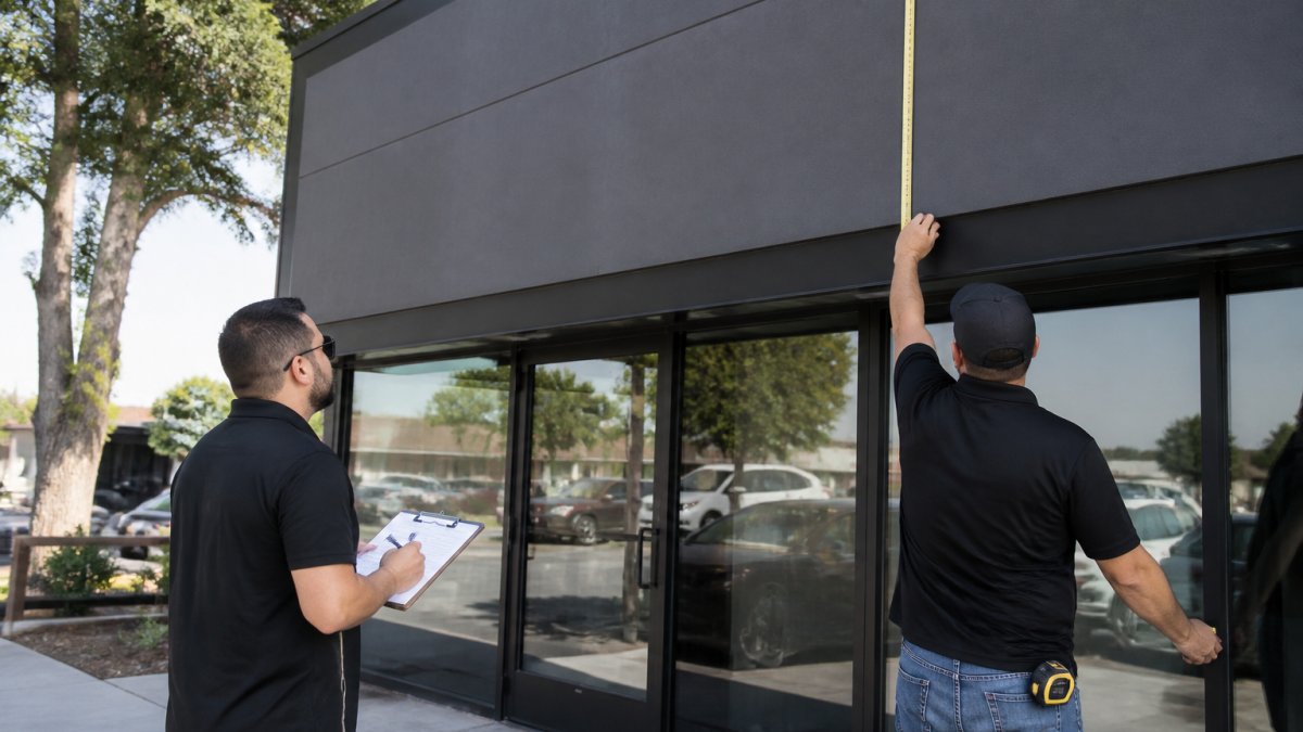 Team conducting a site survey and measuring a retail facade for custom sign design retail installation.