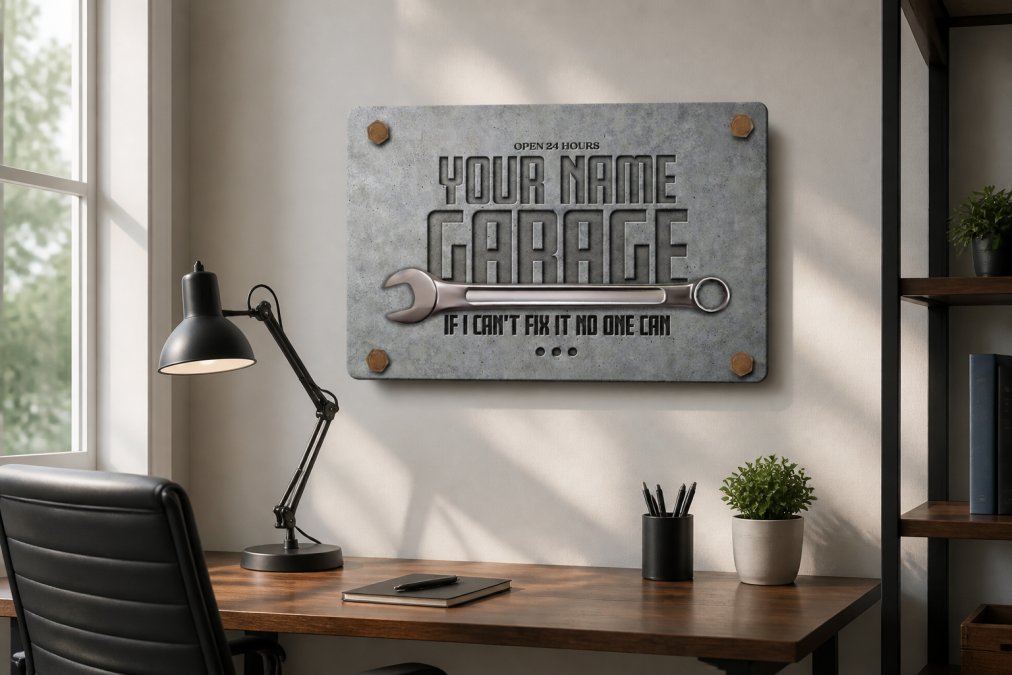 Close-up of a custom aluminum sign mounted on a modern home office wall, displaying sharp, readable typography with bold sans-serif lettering in black text on a metallic background, natural afternoon light casting subtle shadows