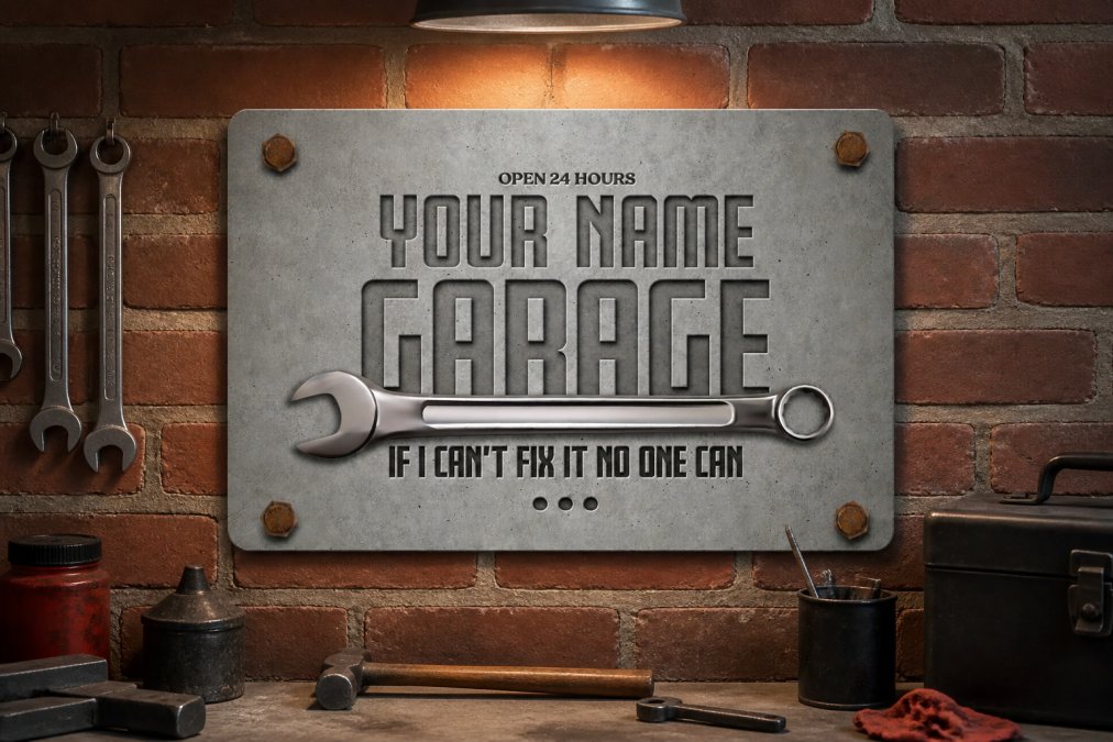 A personalized aluminum sign installed in a rustic garage setting, mounted on a brick wall above a workbench, showing bold typography with a concrete-texture finish, warm overhead lighting highlighting the metallic surface and shadow depth