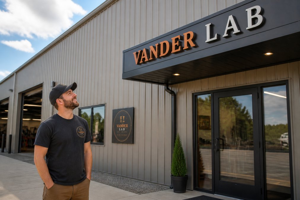 A small business owner standing outside their storefront, looking up at a newly installed dimensional letter sign above the entrance, with a welcoming expression