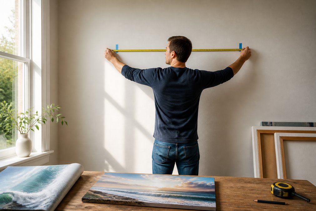 Homeowner measuring a blank wall space with tape measure, marking the dimensions where a large canvas print will be positioned, natural daylight from window illuminating the wall