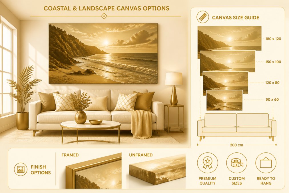 Modern living room with large custom canvas print of a coastal landscape hanging above a neutral sofa, natural light from windows illuminating the print, showing how the artwork anchors the entire room