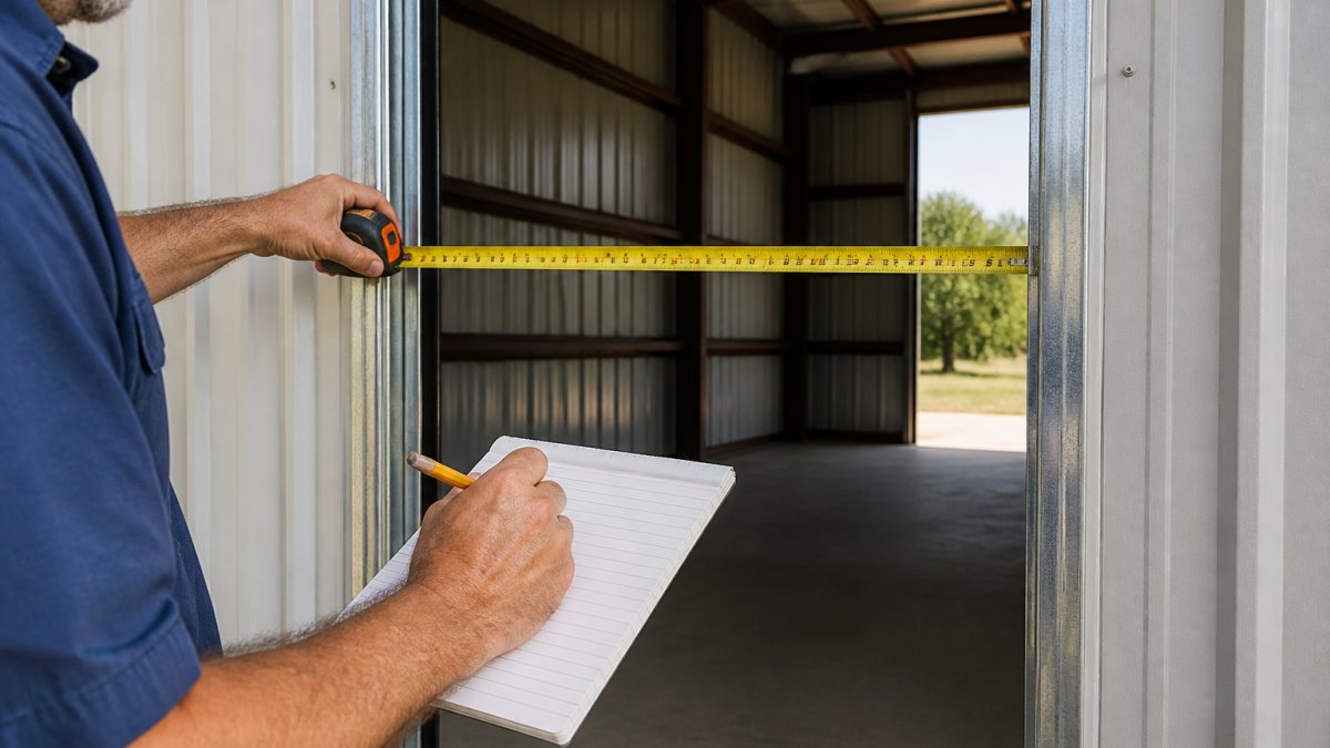 Close-up of measuring tape extended across a doorway opening, showing width measurement being recorded on a notepad with pencil, natural daylight from window