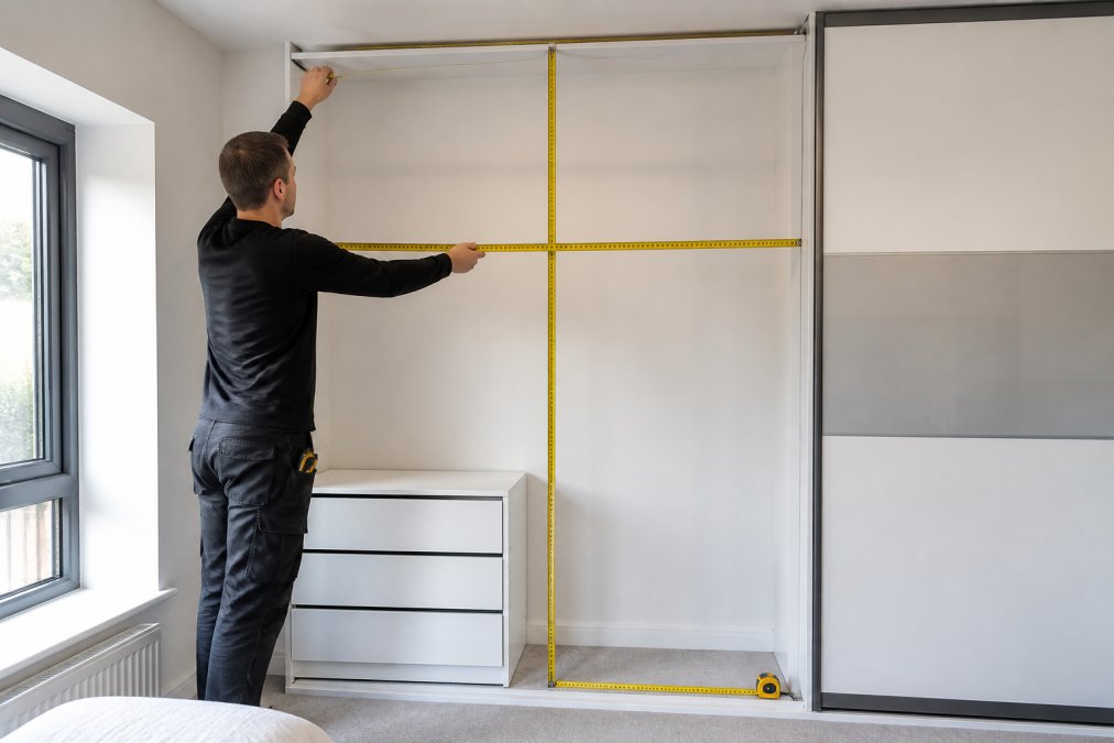 Person using tape measure to precisely measure wardrobe opening height, width, and depth on bedroom wall, showing measurement points at top, middle, and bottom of the frame with natural window lighting