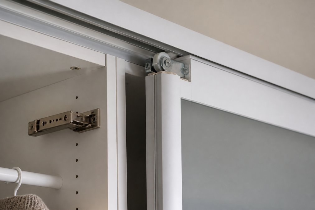 Close-up of sliding door track installation showing hinge cup alignment, ball-bearing roller mechanism, and door panel positioned within frame with visible hardware connections