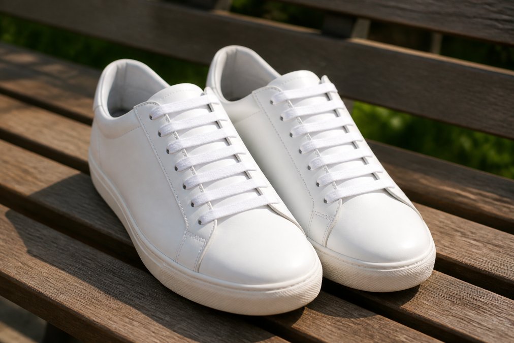 Close-up of white leather sneakers on a wooden bench, laced with a clean straight bar pattern, soft afternoon light casting gentle shadows