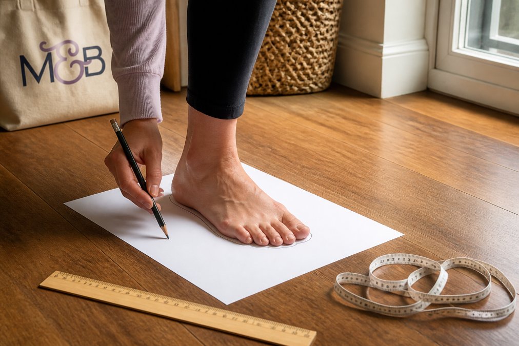 Person tracing their foot outline on paper to determine custom sneaker sizing with a ruler nearby