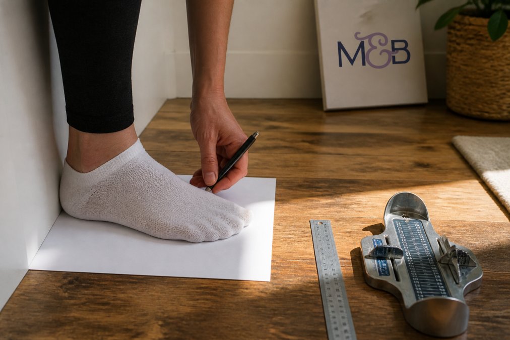 A person standing on a sheet of paper with their heel against a wall, marking the longest toe with a pen, a ruler and a Brannock device resting on the wooden floor nearby in soft afternoon light