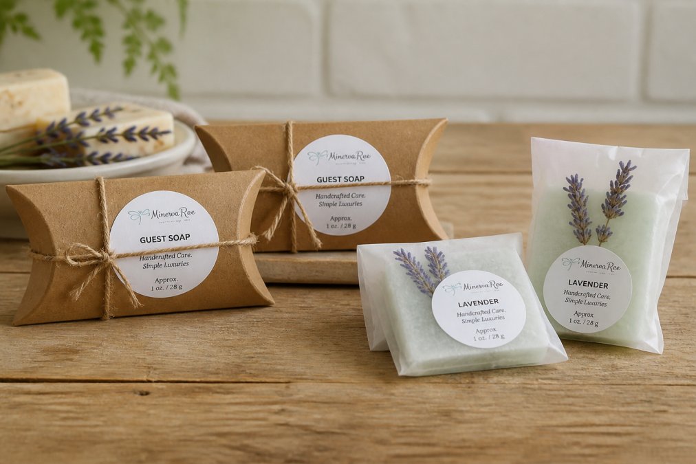 Arrangement of corporate event favors displayed on a wooden table: kraft pillow boxes with hand-tied natural twine bows, custom belly bands showing company logos in navy and gold, and botanical translucent wraps with dried flowers visible through the packaging