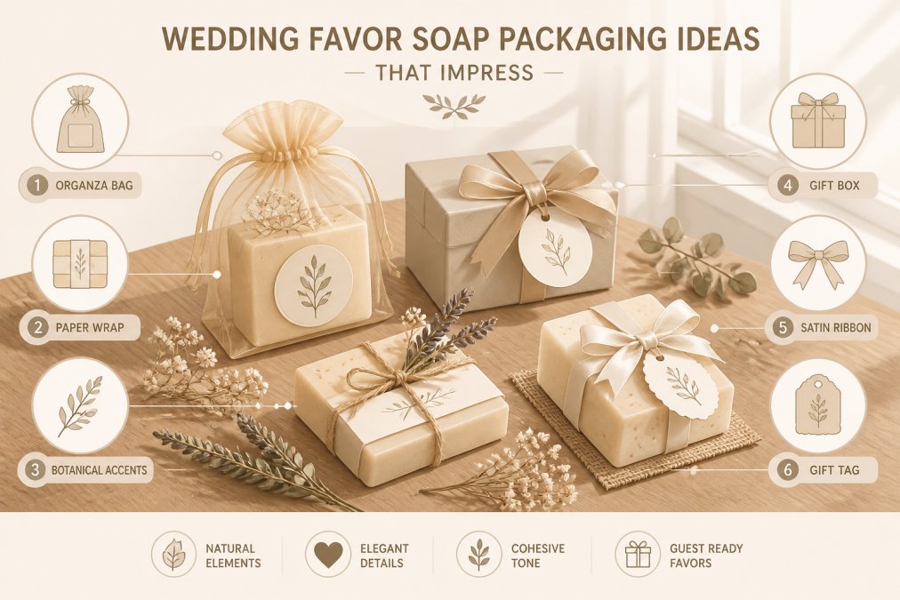 Elegantly wrapped wedding favor soaps displayed on a wooden table with organza bags in soft gold and ivory, gift boxes tied with satin ribbons, dried flowers and botanical sprigs arranged between bars, natural window lighting creating soft shadows