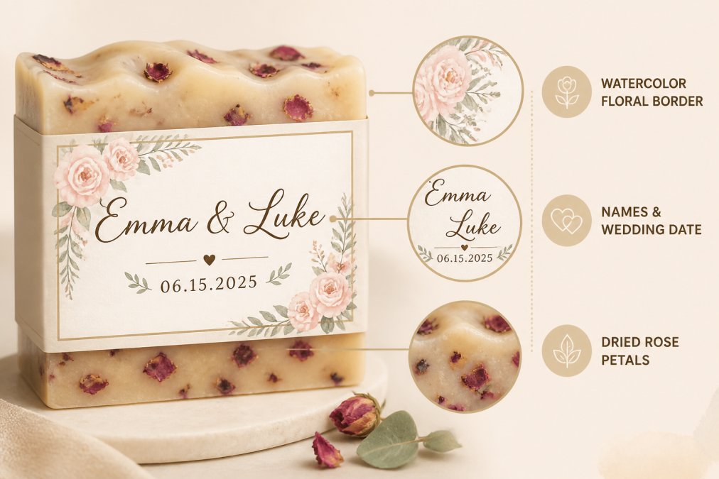 Close-up of a handmade soap bar with custom personalized label featuring bride and groom names, wedding date in elegant script, watercolor floral border in soft blush and sage green, dried rose petals visible in the soap itself