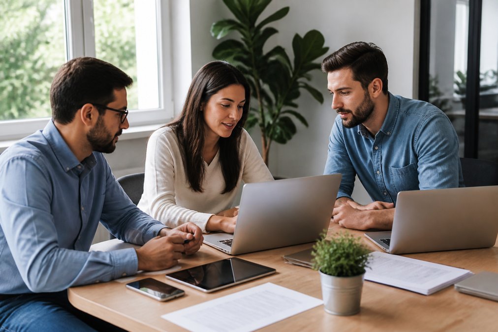 Small business team collaborating around a desk with laptops and documents, reviewing workflow automation setup with satisfied focus, natural office lighting streaming through windows