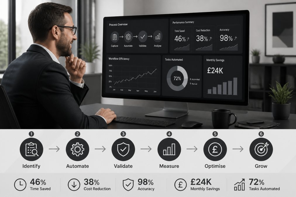 Business manager reviewing performance metrics on computer screen with satisfied expression, modern office environment with natural lighting, showing improved workflow dashboards