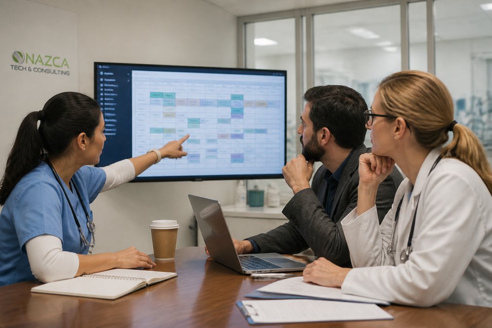 A clinical team and a software developer reviewing a workflow diagram on a large monitor in a bright hospital conference room, with a nurse pointing at a screen showing patient scheduling data