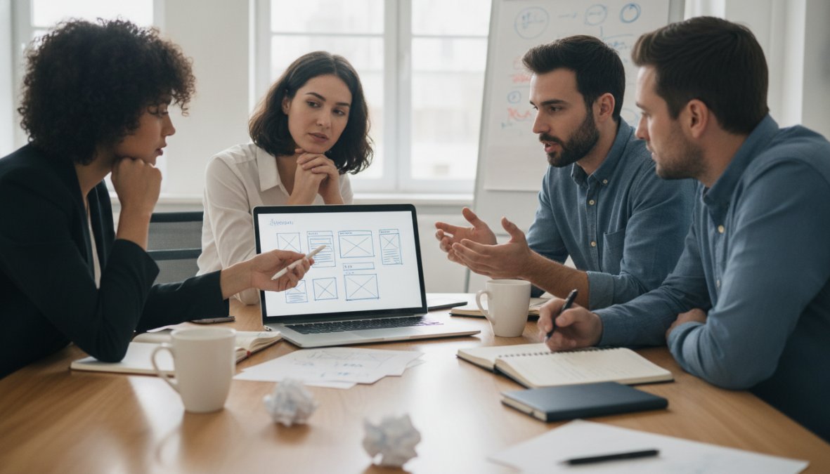 Small business team of four people gathered around a laptop reviewing wireframes and paper sketches during a software development planning session, warm overhead lighting in a bright modern open-plan office