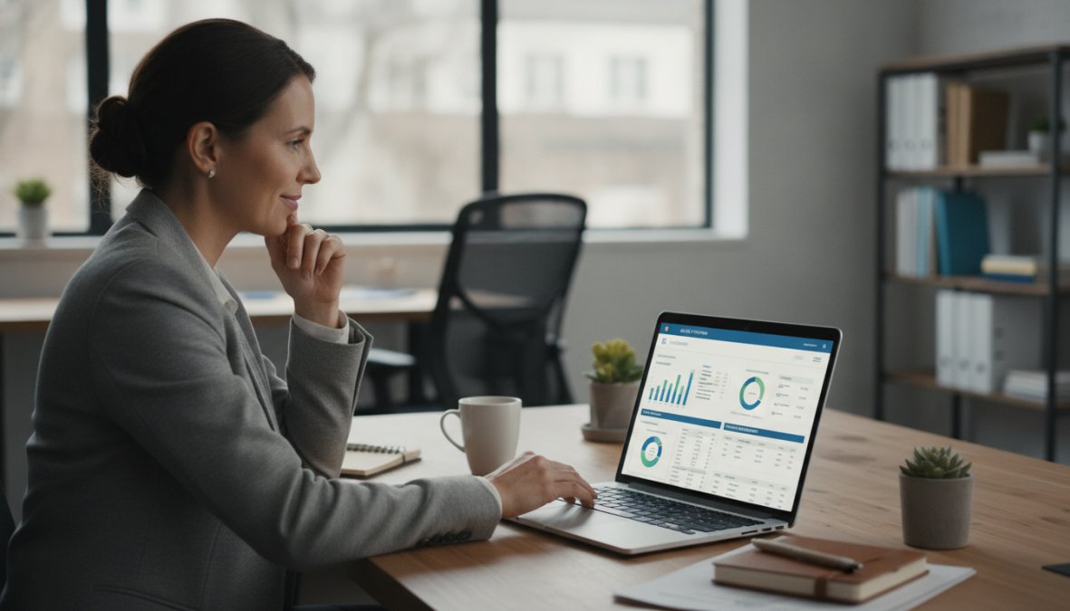 A small business owner reviewing a custom analytics dashboard on a laptop at a tidy wooden desk, looking focused and engaged in a well-lit modern office with plants and minimalist decor