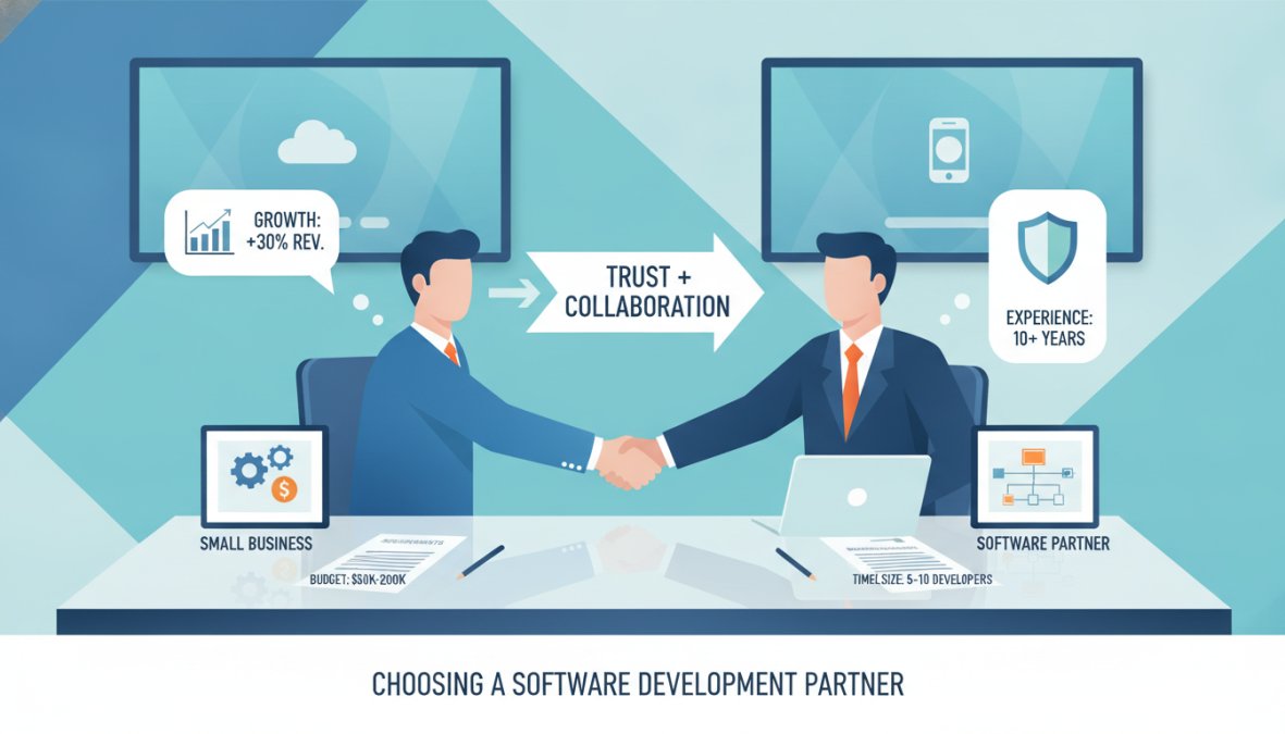 Two professionals in a bright meeting room shaking hands across a table with open laptops, printed documents, and coffee cups visible, representing a small business owner and software developer finalising a partnership