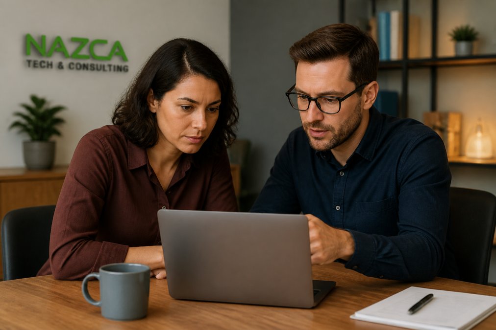 Small business owner and software developer reviewing a custom dashboard on a laptop together at a wooden desk, both leaning in with focused expressions under warm office lighting