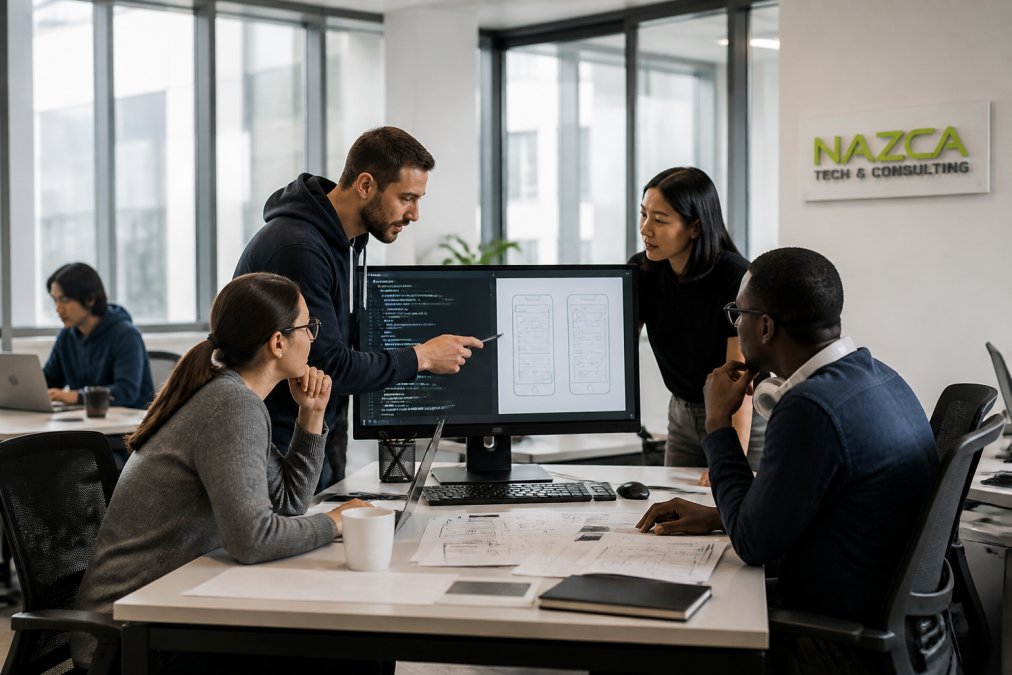 Diverse team of software developers collaborating around a large monitor showing code and UI wireframes in a bright modern open office, with printed design mockups spread across the table