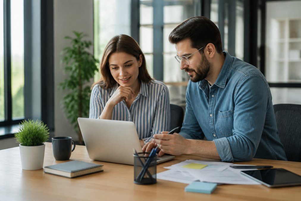 Startup founder and software developer reviewing project requirements on laptop in bright modern office with natural lighting