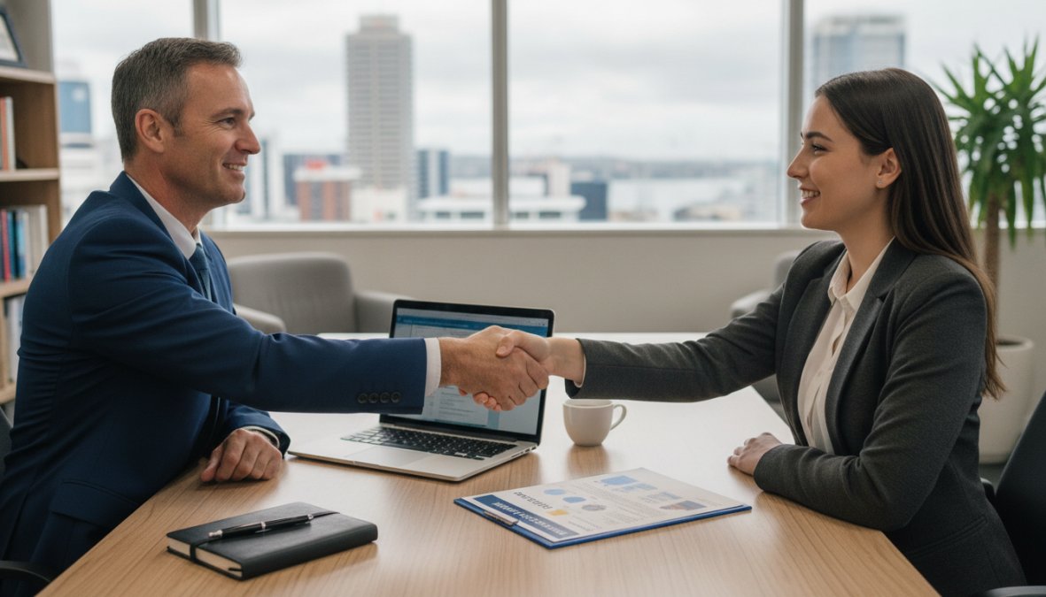 A business owner and a software consultant shaking hands across a desk with a laptop and printed project proposal between them in a professional office setting, with a large window showing a New Zealand cityscape in the background