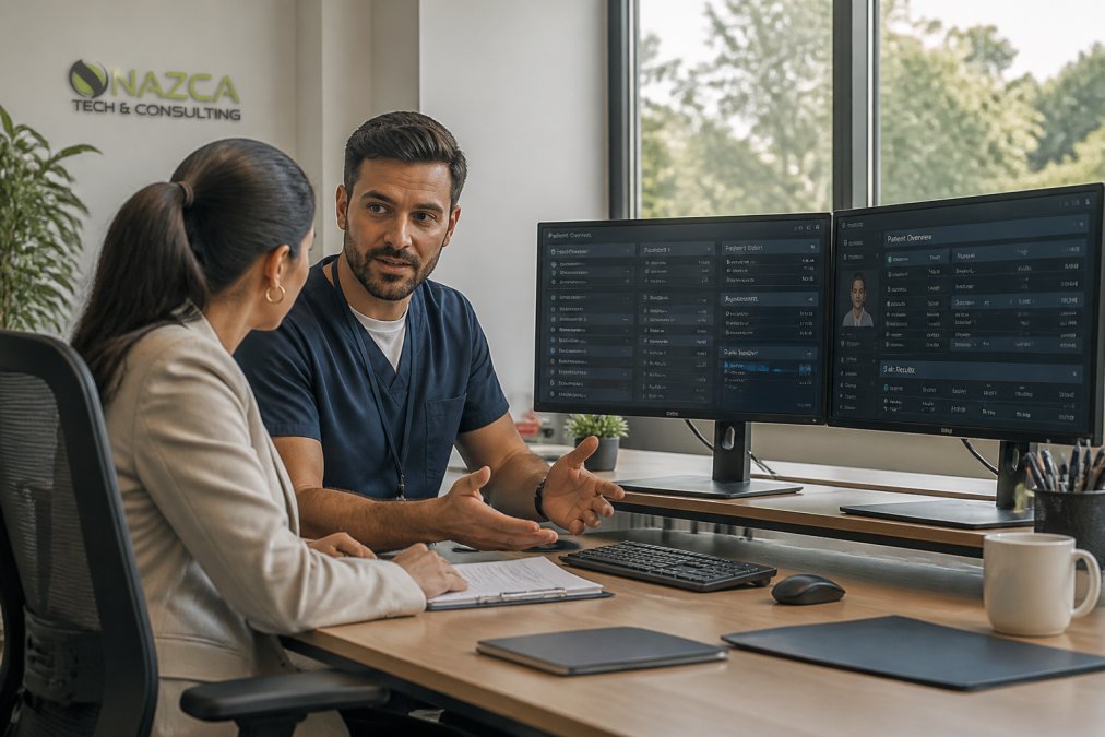 Healthcare IT professional discussing system architecture with medical office manager at desk with multiple monitors displaying patient data dashboards in modern clinic setting with natural lighting