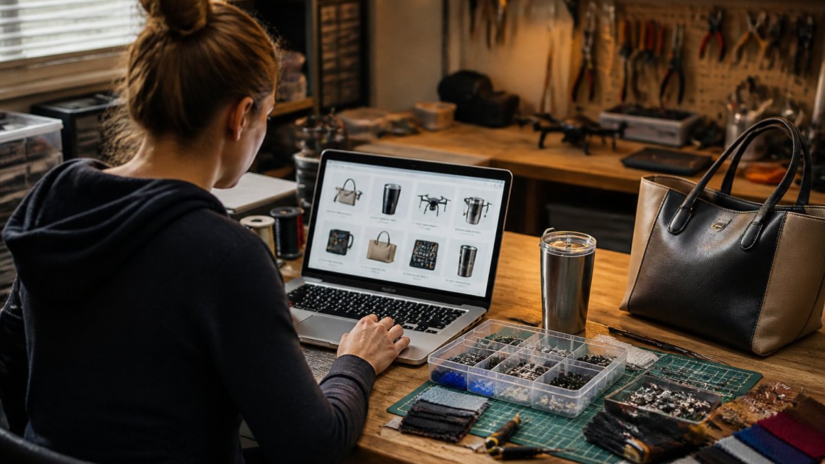 A hobbyist at a workbench surrounded by hand tools, fabric swatches, and small electronic components, looking at a laptop screen showing a supplier listing, warm workshop lighting