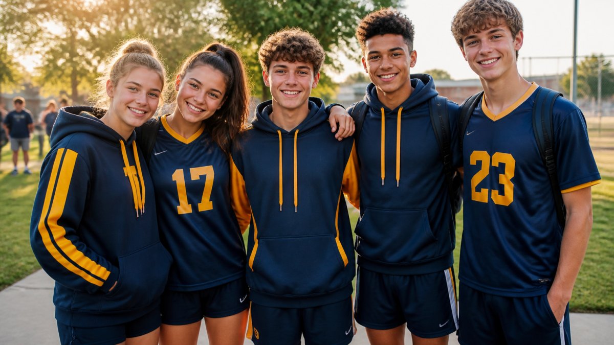Student athletes wearing coordinated custom team hoodies and performance jerseys in school colors, standing together outdoors showing team pride and apparel variety