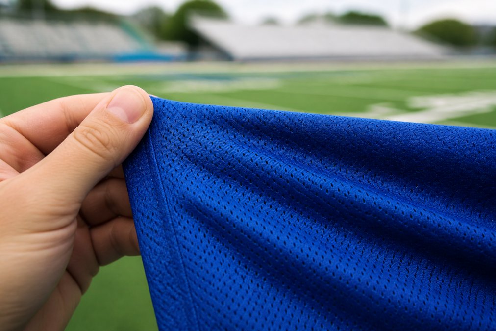 Close-up of a hand holding the corner of a polyester athletic jersey showing the mesh weave texture, with a blurry background of a sports field