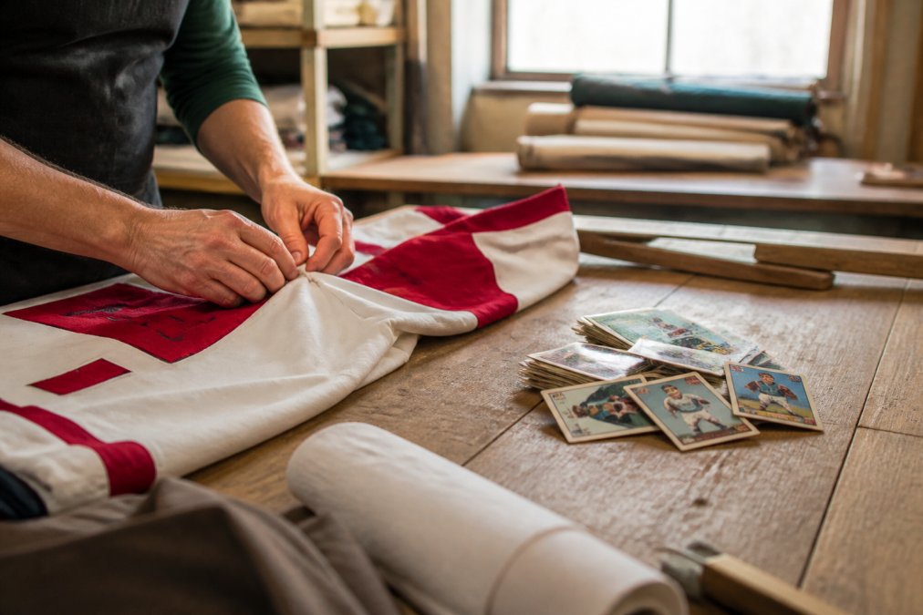 Close-up of hands in a workshop carefully handling a vintage hockey jersey and old trading cards, preparing the fabric for cutting on a large wooden worktable with warm natural window light