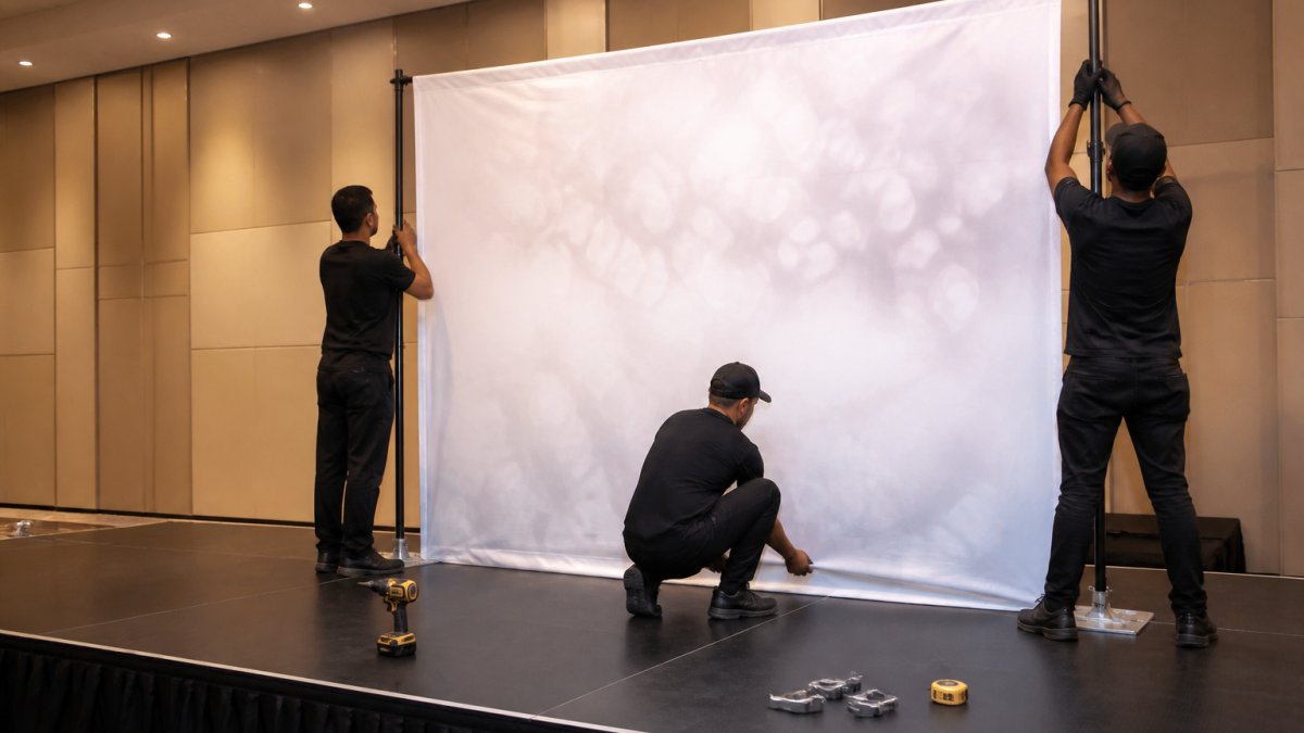 Event crew members in dark clothing securing a large printed fabric backdrop to a freestanding frame on an empty stage, with a cordless drill, clamps, and a tape measure visible on the stage floor, house lights on