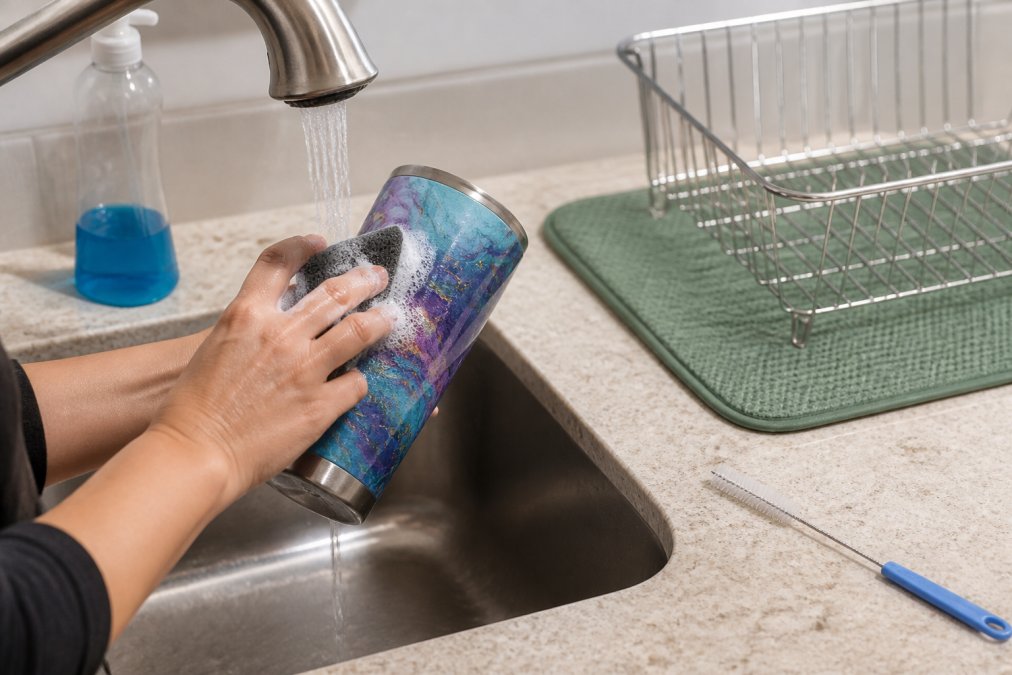 Close-up of hands gently washing a colorful epoxy-coated stainless steel tumbler under a kitchen faucet, using a soft non-abrasive sponge and mild dish soap, with a straw brush and drying rack visible on the counter