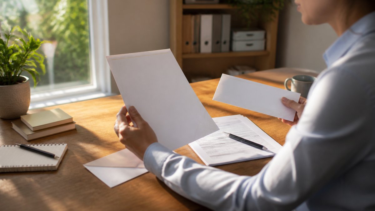Professional working at a wooden desk with branded stationery and a client invoice in morning sunlight