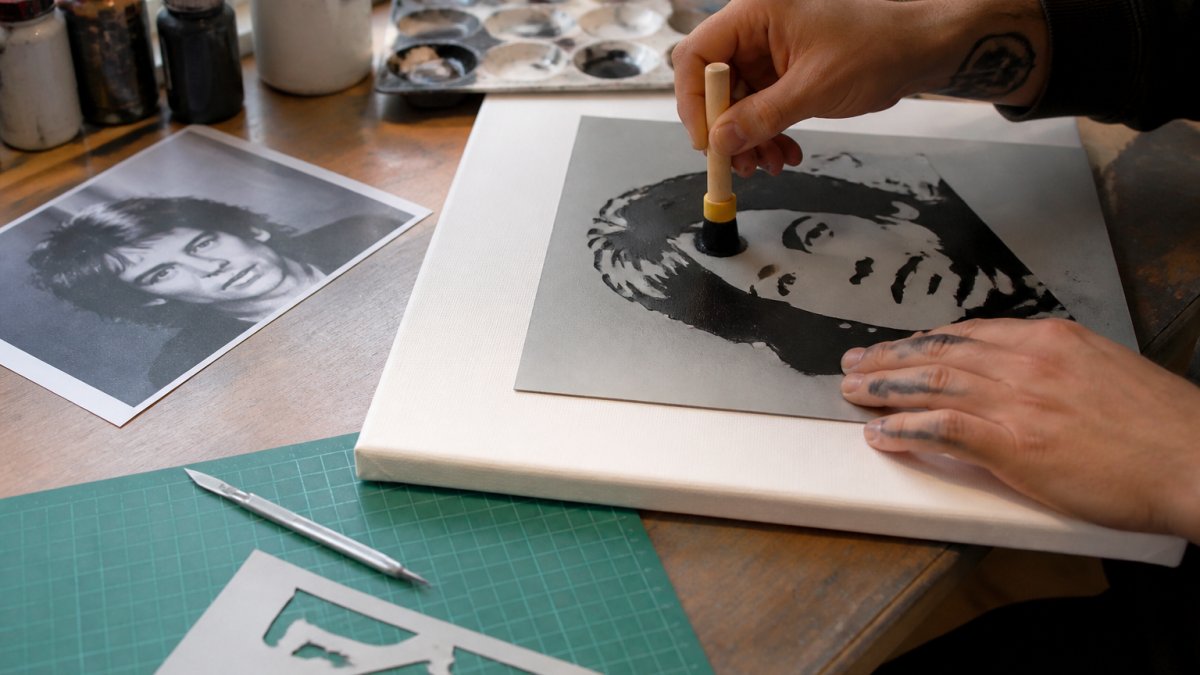 Artist's hands applying acrylic paint through a hand-cut stencil onto a canvas in a bright studio, with a scalpel, cutting mat and reference photo visible nearby