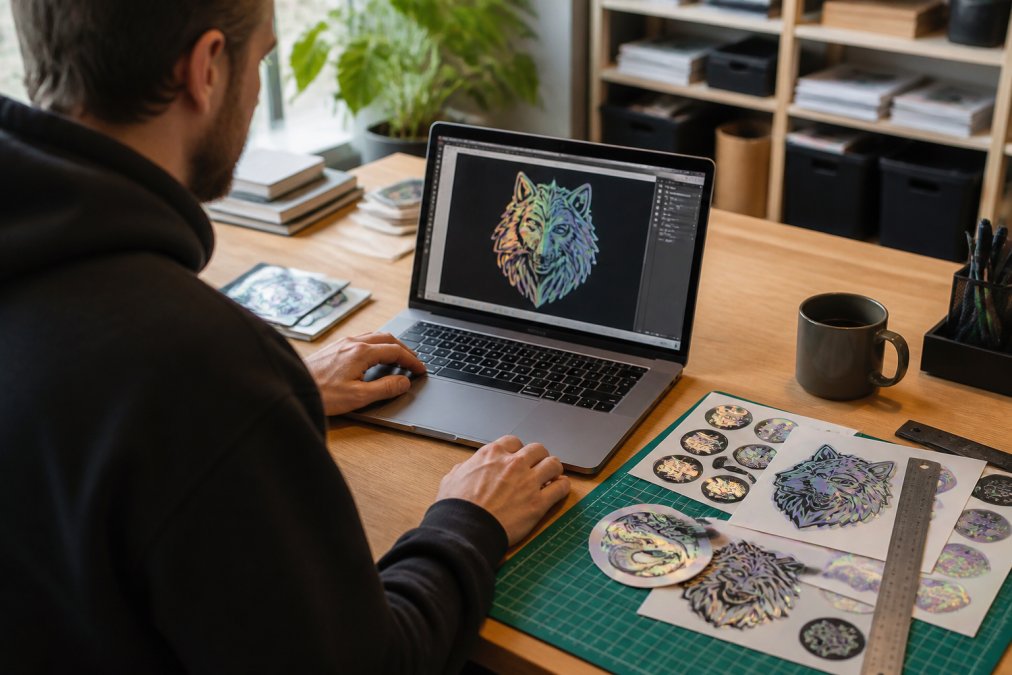 A person sitting at a desk with a laptop showing a design file, surrounded by printed holographic sticker samples and a cutting mat, natural window light
