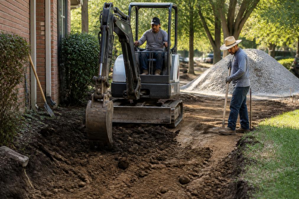 Professional crew operating small excavator to remove soil and prepare base layer for stone walkway installation, with crushed stone pile visible in background on sunny afternoon
