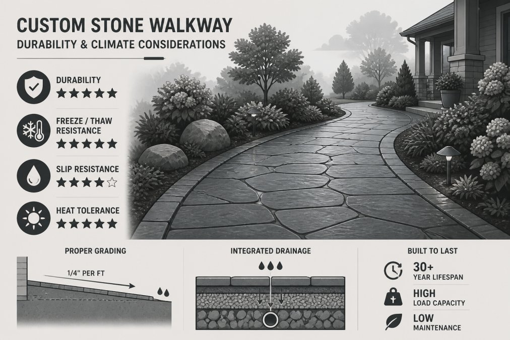 Finished custom stone walkway featuring natural bluestone in completed landscape setting with mature plantings, showing integrated drainage and proper grading on overcast morning