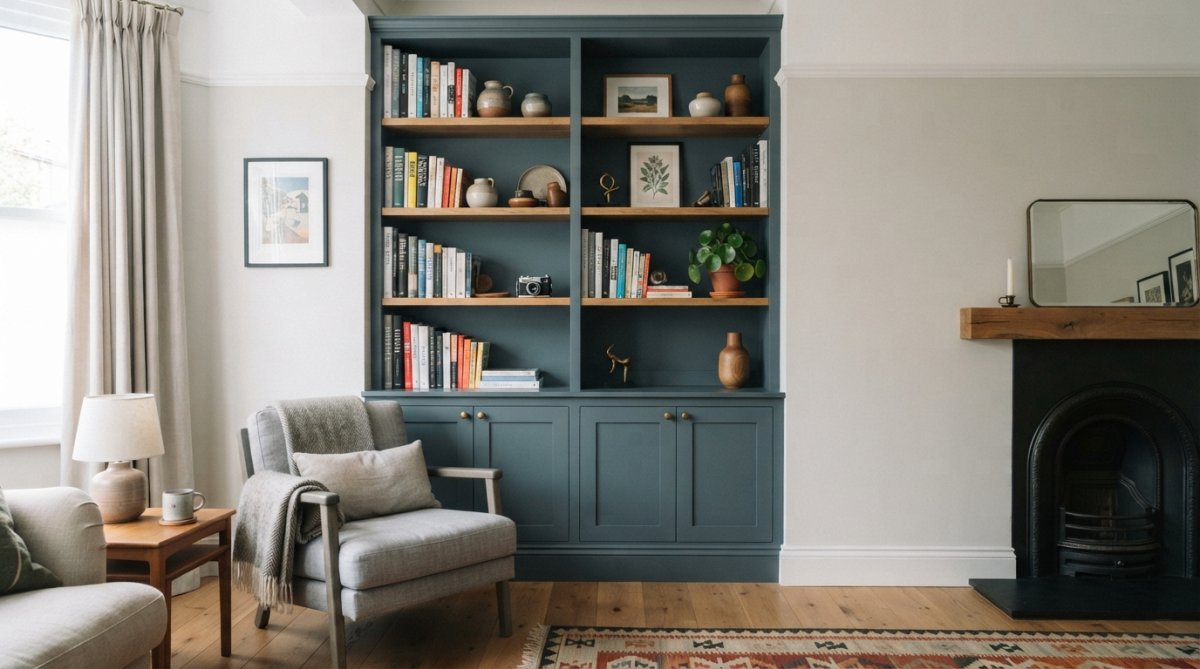 Professional illustration showing custom storage for awkward alcoves