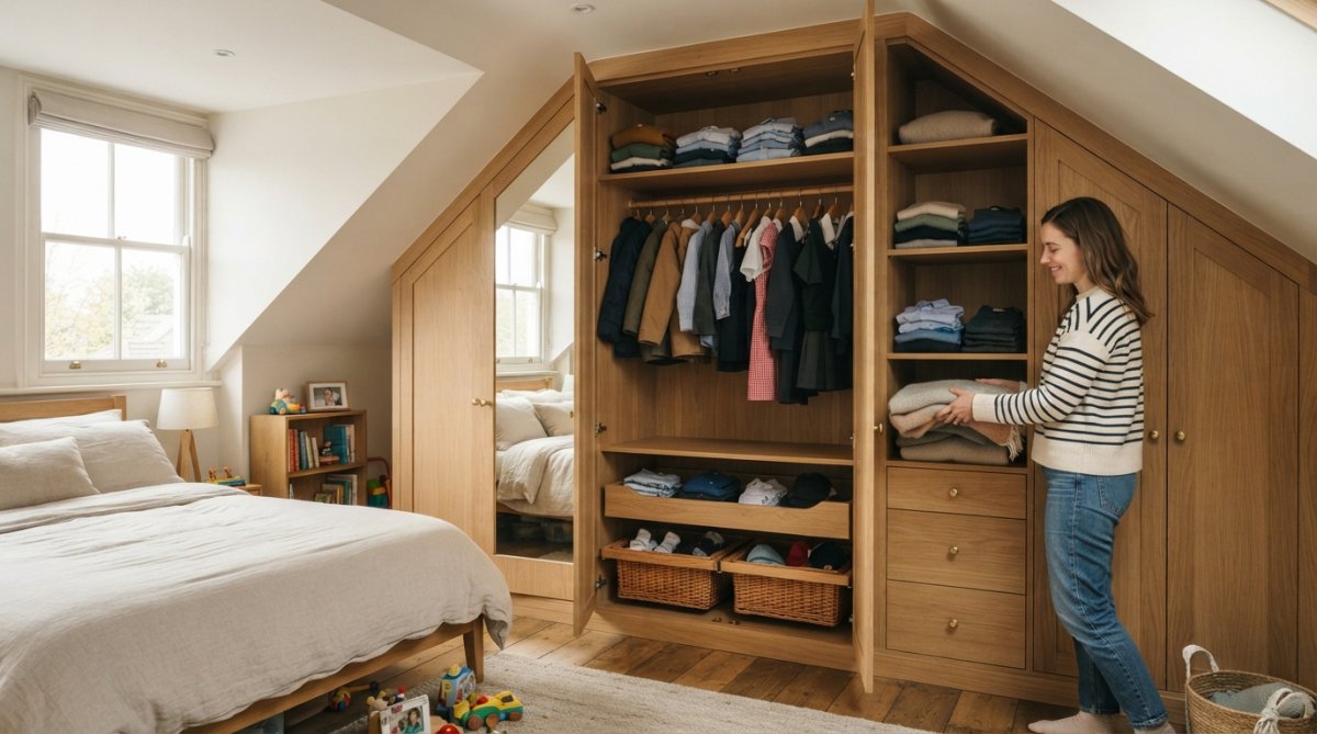 Interior view of a modern bedroom with floor-to-ceiling fitted wardrobes featuring white gloss doors, internal hanging rails, adjustable shelving, and soft-close drawers, with natural light streaming through the window