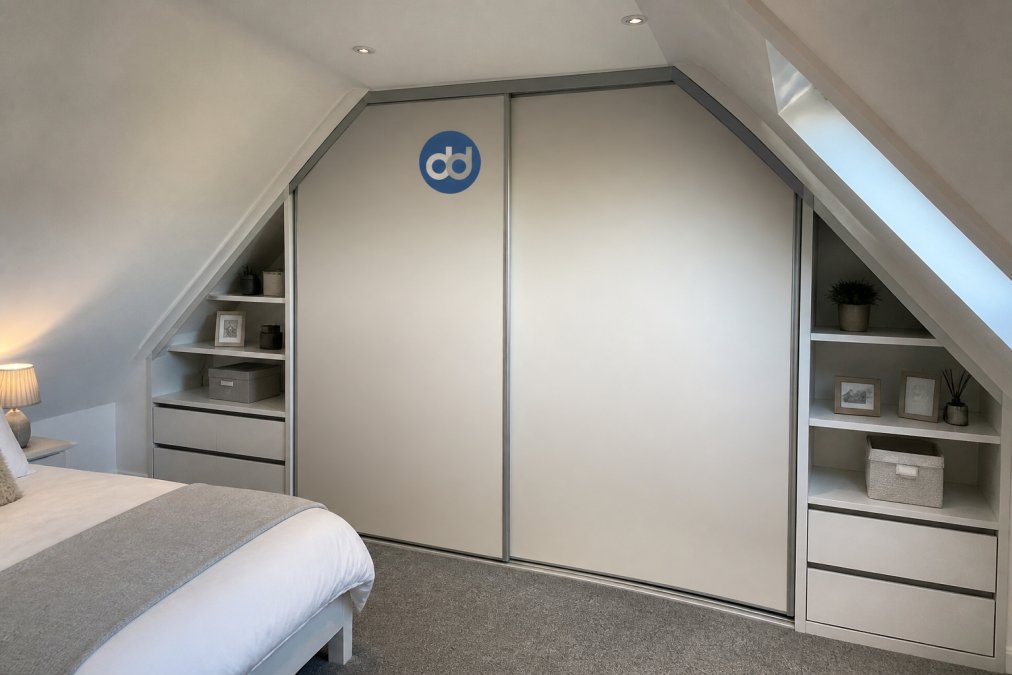 Modern loft bedroom with angled ceiling featuring custom fitted wardrobe storage built into the eaves space, showing white fitted wardrobes with sliding doors and shelving units maximizing the sloped walls