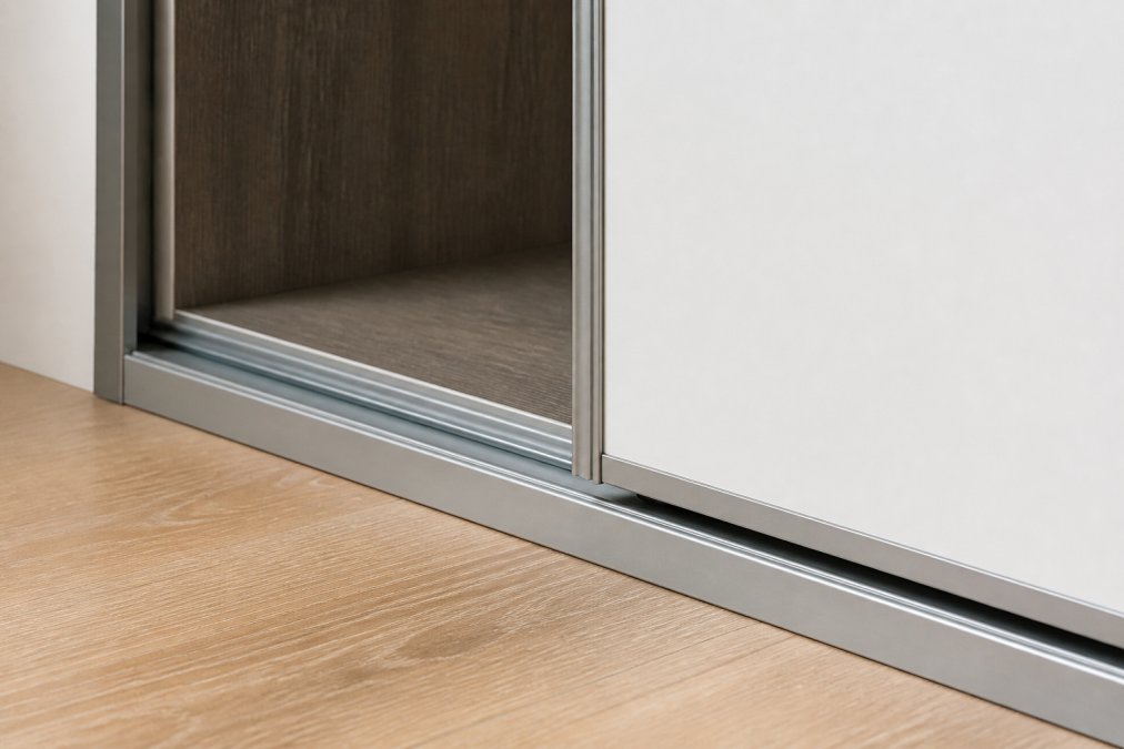 Close-up detail of custom sliding wardrobe door track system installed in a loft room, showing the top and bottom track mechanism with smooth gliding operation against wooden flooring