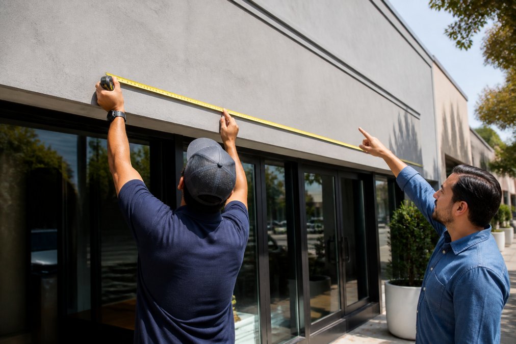 A sign consultant holding a tape measure against a storefront facade while a business owner points at the proposed sign area, bright daylight on a commercial street
