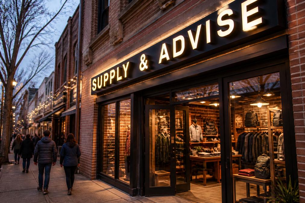 Vibrant retail storefront with illuminated channel letter signs and dimensional lettering mounted above the entrance, photographed at dusk showing warm LED glow against a brick building facade with pedestrian traffic visible on the sidewalk