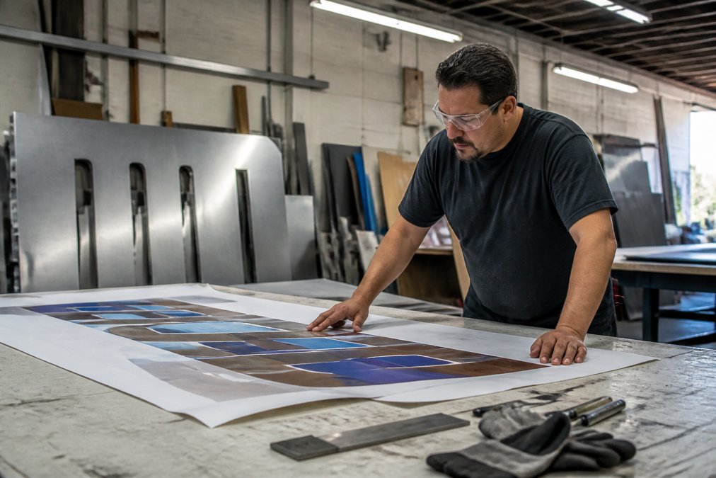 A sign fabrication professional in a workshop reviewing a large-format design proof laid out on a worktable, with finished aluminum signage panels stacked against the wall in the background and overhead fluorescent lighting illuminating the space